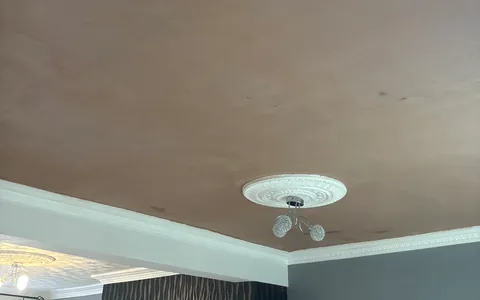 Newly skimmed ceiling around a white ceiling rose and cornice, beside a section of ceiling that still has its old textured finish